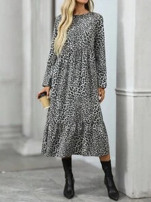 SHEIN LUNE 女式豹纹圆领长袖荷叶边下摆休闲连衣裙 - 彩色 - 查看 5