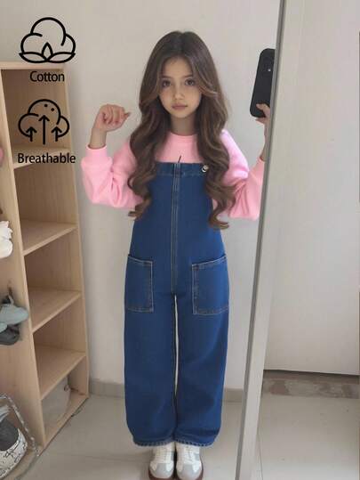 SHEIN 年轻女孩休闲都市纯色水洗优雅宽松贴袋牛仔背带裤直筒牛仔裤长裤（不含运动衫），纯色优雅简约百搭牛仔连体裤，秋冬服装，儿童返校街头服饰，舒适百搭，适合 4-7 岁女孩，适合上学、居家和旅行