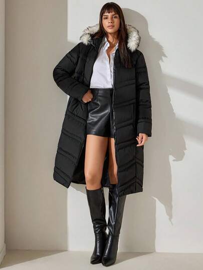 CLARA VERO Solid Color, Contrast Faux Fur, Zip-Up, Long Winter Coat