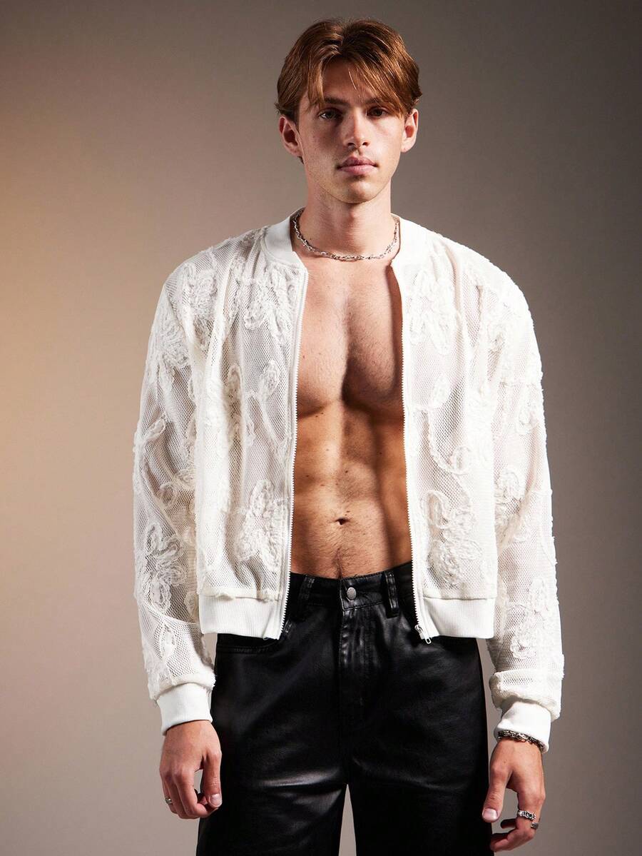 FeverCity 男士花卉印花拉链休闲棒球夹克，秋冬 - 米色 - 查看 1