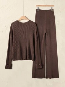 Rusticease 女士休闲纯色开叉毛衣和裤子两件套，秋冬 - 棕色 - 查看 2
