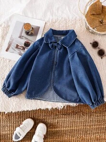 Genkimix Kids Girls' Korean Style Loose Denim Jacket With Exaggerated Ruffle Cuffs Fall Winter - Blue - View 1