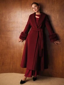 MOTF PREMIUM CONTRAST FAUX FUR BELTED OVERCOAT - Burgundy - View 2