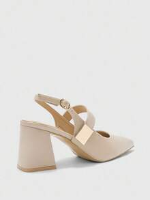 CUCCOO BIZCHIC Women's Fashion Apricot Color Metal Buckle Decor Chunky Heels Pumps, Classic Minimalist Design For Commuting, Dating, Party, Holiday, Wedding For Christmas