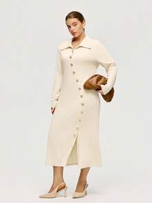 Calvaya Plus Size Women's Solid Color Long Sleeve Button Design Fitted Textured Bodycon Elegant Dress Fall Cloth For Women - Apricot - View 3
