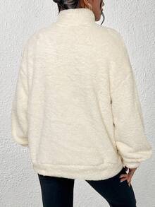 SHEIN EZwear Sudadera casual de mujer con media cremallera, bolsillo y hombros caídos, color albaricoque, otoño - Albaricoque - Ver 2