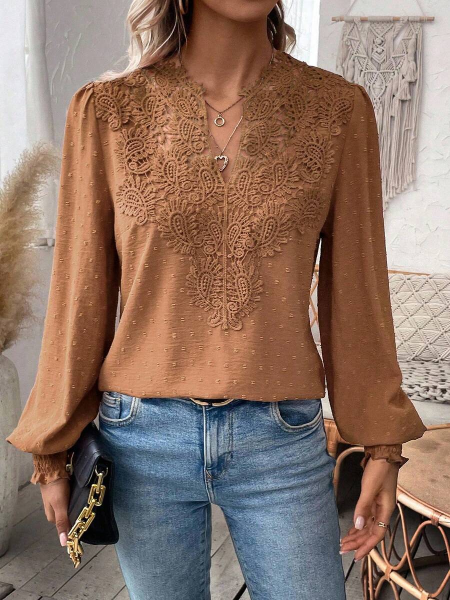 EMERY ROSE Áo cánh dài tay thêu họa tiết trang trí cổ áo kiểu đèn lồng thanh lịch thường ngày cho nữ - Màu Khaki - Xem 1