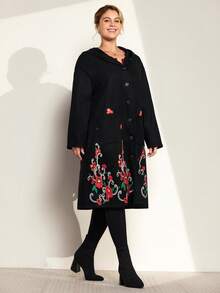 Momelise 大码女式休闲连帽印花口袋长袖大衣