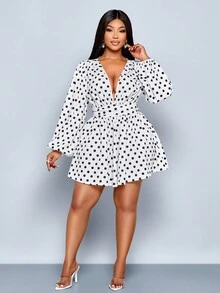 SOLERSUN Mono elegante de mujer con estampado de lunares, cuello en V profundo y cintura ceñida, mono de verano/otoño para mujer - Blanco y Negro - Ver 4