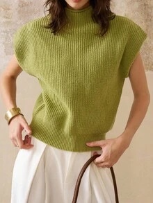 INAWLY Women's Solid Color Turtleneck Ribbed Knit Elegant Sleeveless Sweater - Olive Green - View 6