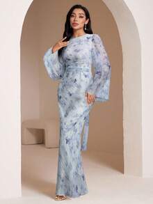 Veilorie Vestido ajustado de mujer con estampado completo y cuello redondo, elegante