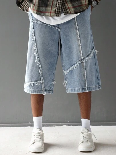 Manfinity EMRG 男士蓝色磨边宽松休闲百搭牛仔短裤，夏季