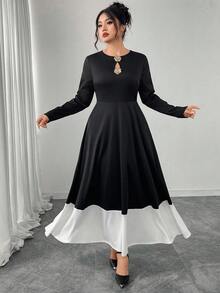 Modelyn Váy dài tay chữ A họa tiết hoa hồng vá đen trắng thanh lịch, cỡ lớn, phù hợp cho mùa xuân và mùa thu - Đen và trắng - Xem 5