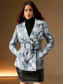 Anewsta 时尚现代 PU 贴片印花仿牛仔女式夹克，适合秋季、冬季、外出、优雅、正式、派对、别致、新年、女式冬季外套、圣诞节、工作 - 藍色 - 查看 6