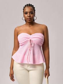 SHEIN Tall CURVE 大码粉色条纹针织抽绳抹胸，四季皆宜 - 彩色 - 查看 7