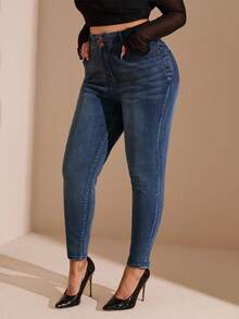 SHEIN BAE 女性加大碼高腰修身牛仔褲 - 藍色 - 查看 5