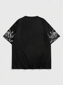 ROMWE MEN Street Life Camiseta Masculina de Manga Curta com Estampa Gráfica Religiosa de Estilo de Rua, Estilo Anos 2000 - Preto - Visão 2