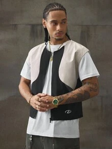 AXEPEAK 男士撞色拉链门襟宽松休闲背心，秋冬 - 黑與白 - 查看 1