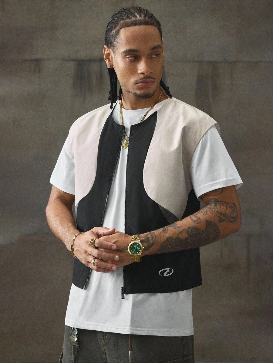 AXEPEAK 男士撞色拉链门襟宽松休闲背心，秋冬 - 黑與白 - 查看 1