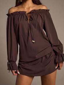 Aloruh Women's Off Shoulder Mini Dress With Puff Sleeves, Ruffle Hem, Bow & Beaded Decor, Bohemian Style Halloween Costumes Goth Dress Halloween Fall Winter Clothes For Women Fall Women Clothes Halloween Clothes Fall Clothes Halloween Clothes For Women Fall Outfits For Women Christmas Party - Brown - View 8