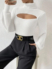 SHEIN x Carly Lawrence SHEIN Allurite 女士高领镂空长袖修身毛衣 - 白色 - 查看 3