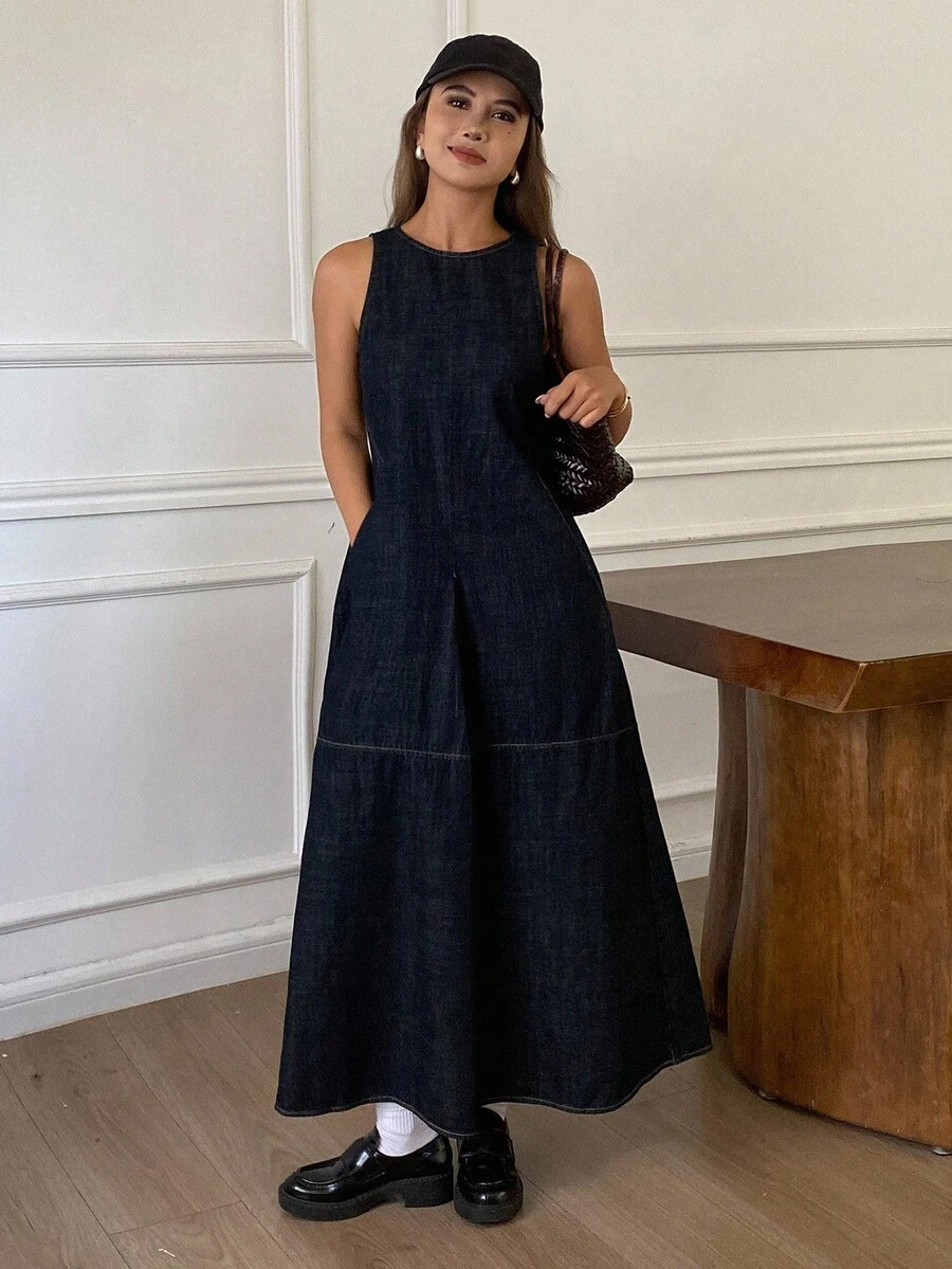 DAZY Vintage Washed Sleeveless Round Neck A-Line Waist Casual Denim Dress For Women, Autumn/Winter - Blue - View 1