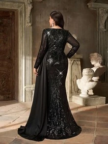 Aureia 大码秋季优雅华丽哥特式黑色亮片花朵拼接缎面V领长袖拼接褶裥飘逸鱼尾修身连衣裙，适合晚宴、单身派对、约会、舞会、节日、婚礼、晚宴等场合（重工款）、情人节 - 黑色 - 查看 4