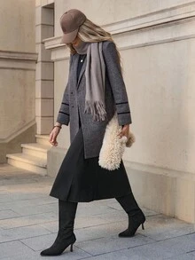 Solivie 秋冬女士纯色双排扣优雅长袖大衣 - 咖啡棕 - 查看 3