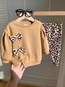 2pcs Baby Girl Casual Comfortable Versatile Leopard Print Bow Crew Neck Fleece Thick Sweatshirt And Leopard Print Leggings Tracksuit Set Fall Winter - Khaki - View 3