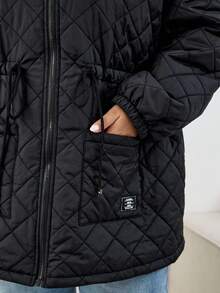 SHEIN CURVE+ Plus Size Women Front Zip Long Sleeve Pockets Fluffy Patchwork Casual Hooded, For Winter Quilted Jacket Winter Coat Outerwear Women Shackets For Women Oversized Jacket