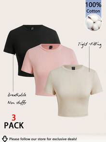 SHEIN EZwear 3 件套女式圆领短袖修身 T 恤，适合夏季外出，黑色、粉色和奶油黄色，95% 纯棉，复古，可爱的夏季上衣，柔软女孩，夏季外出单品，居家，返校，秋季女装，百搭，俱乐部，派对 - 彩色 - 查看 1