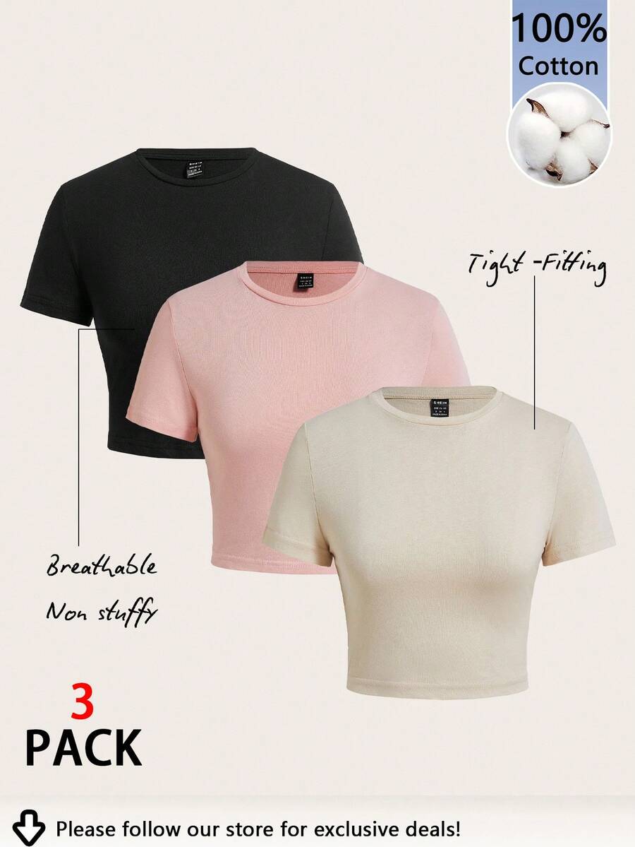 SHEIN EZwear 3 件套女式圆领短袖修身 T 恤，适合夏季外出，黑色、粉色和奶油黄色，95% 纯棉，复古，可爱的夏季上衣，柔软女孩，夏季外出单品，居家，返校，秋季女装，百搭，俱乐部，派对 - 彩色 - 查看 1