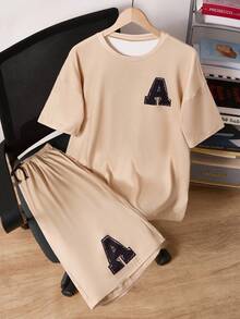 Conjunto de camisetas gráficas con letras casuales para adolescentes varones, adecuado para la escuela, el ocio y el deporte - Caqui - Ver 3