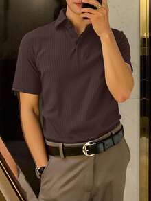 Manfinity Homme Men's Casual Everyday Minimalist Raglan Ribbed Short Sleeve Polo Shirt Business Casual Brown Shirt Men Brown Ribbed Shirt Men Dark Brown Polo Shirt, Old Money Style - Coffee Brown - View 3