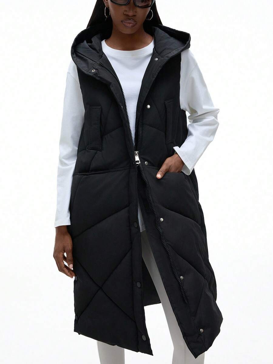 GENKIRA 休闲时尚新款连帽背心夹克女士厚棉外套秋冬 - 黑色 - 查看 1