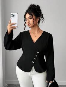 Elenzga Plus Size Women's Butterfly Decor Button Oblique Zipper Jacket Fall Winter Cloth For Women Autumn - Black - View 1