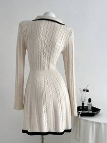 Elamini Women Contrast Color Block Button Front Waist Cinched Casual Sweater Dress Fall Winter Cloth For Women - Beige - View 2