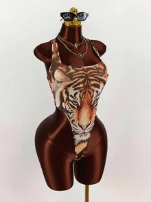 Amplova Body de mujer talla grande con escote pronunciado y estampado de tigre