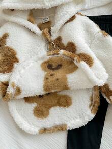 SHEIN 2pcs Baby Girl Cute Cartoon Teddy Bear Fluffy Sweatshirt And Pants Set, Autumn/Winter Fall - Multicolor - View 5