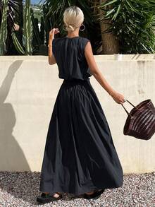 Livesso 女士夏季纯色褶皱圆领上衣和宽松裙子两件套 - 藏蓝色 - 查看 5