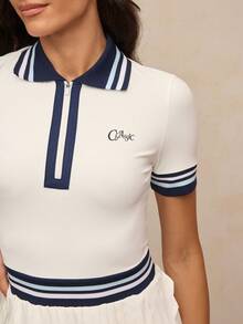 Activina Vestido deportivo de mujer con cuello polo a rayas, manga corta y bajo plisado