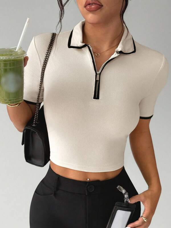 Dewbera Contrast Trim Zipper Polo Shirt