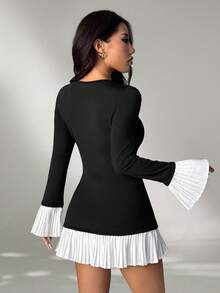 SHEIN PETITE Rochie de vară scurtă și elegantă pentru femei, cu guler rotund și mânecă lungă, culoare solidă, cu imprimeu floral, stil casual - Negru - Vizualizare 2