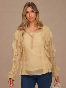 Enchnt 女式纯色荷叶边纽扣半襟长袖时尚衬衫 - 卡其色 - 查看 5