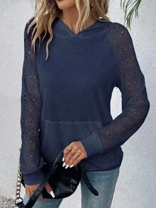 EMERY ROSE Hollow Out Hooded Long Sleeve Sweatshirt - Navy Blue - View 4