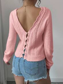 SHEIN LUNE 女式纯色仿珍珠圣诞氛围毛衣，秋季 - 粉色 - 查看 3
