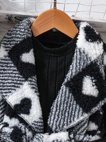 SHEIN Elladie kids 年轻女孩心格子蓬松翻领无袖夹克，圆领长袖 T 恤和裤子休闲装，秋冬秋季服装 - 黑色 - 查看 5