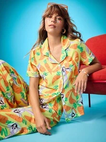 Chillnights X LOONEY TUNES Cartoon Pattern Short Sleeve Top & Pants Women Pajama Set Women Pajamas Bunny Pajamas Carrot Pajamas Printed Pajamas Cartoon Pajamas - Multicolor - View 5