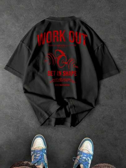 Manfinity Sport Corelite 男士休闲字母杠铃印花短袖运动T恤，夏季