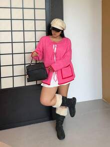 Sunnyshic Damen Große Größen Kontrast Saum Tasche Schleife Vorne Strickjacke, süß & lässig